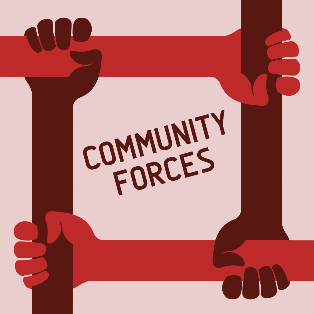 Four arms frame the text community forces