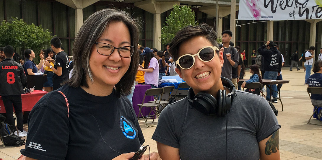 Community Forces co-creator Corinne Kodama and producer Sarah Eli Lu with their recording equipment after interviewing students